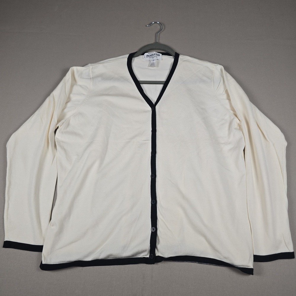 Pendleton Silk Blend Cardigan Sweater Womens 1X Ivory White Contrast Trim V-Neck